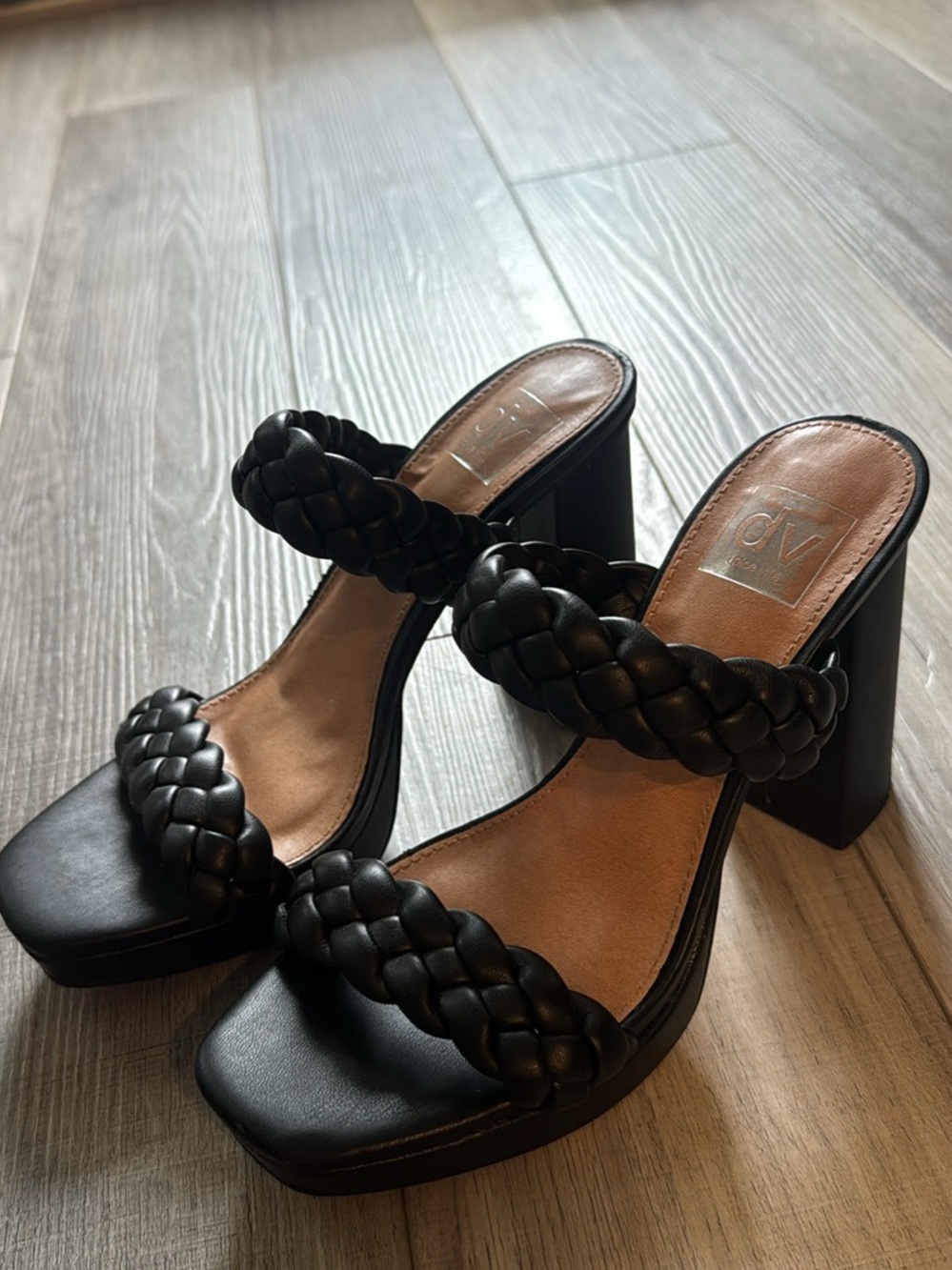 DV by Dolce Vita Black Braided Double-Strap Block Heel Sandals